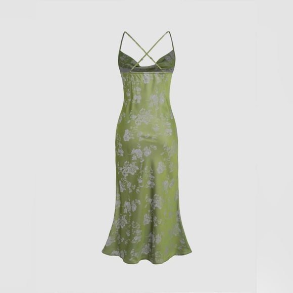 CIDER | Green Floral Cowl Neck Split Midi Dress - Picture 2 of 15